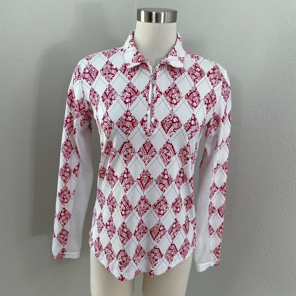 SanSoleil Womens Small White Red Long Sleeve UPF 50 Zipper Golf Top Athletic